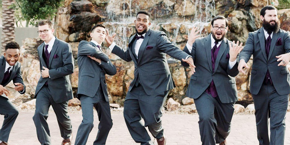 Groom wearing different on sale suit to groomsmen